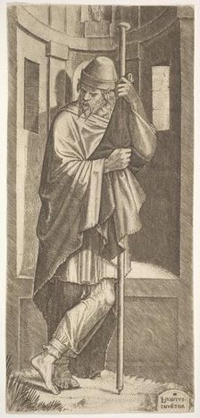 St. James Major leaning on a pole before a niche, his left leg crossed over his right, fro..., 1545. Creator: Lambert Suavius