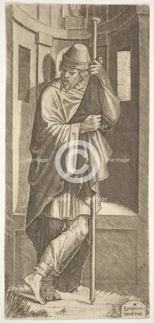 St. James Major leaning on a pole before a niche, his left leg crossed over his right, fro..., 1545. Creator: Lambert Suavius.