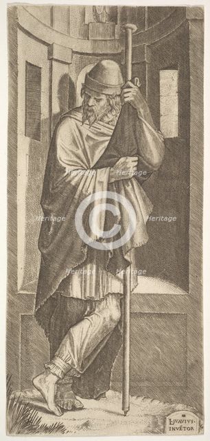 St. James Major leaning on a pole before a niche, his left leg crossed over his right, fro..., 1545. Creator: Lambert Suavius.