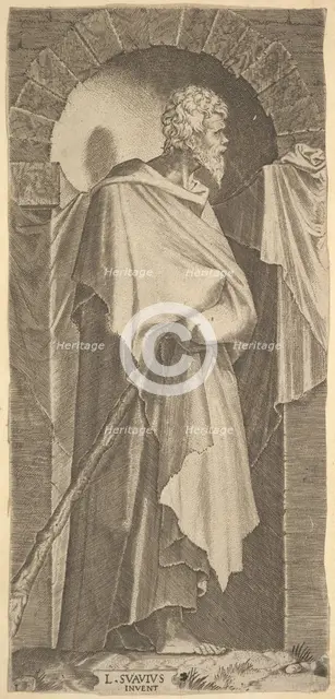 St. James Minor(?) in an arcuated niche, holding a walking stick in his hands, which are c..., 1545. Creator: Lambert Suavius.