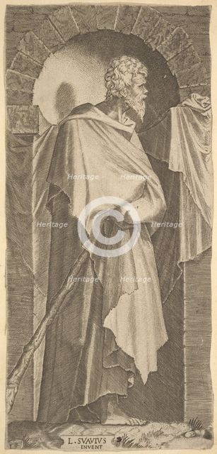 St. James Minor(?) in an arcuated niche, holding a walking stick in his hands, which are c..., 1545. Creator: Lambert Suavius.