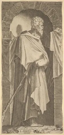 St. James Minor(?) in an arcuated niche, holding a walking stick in his hands, which are c..., 1545. Creator: Lambert Suavius
