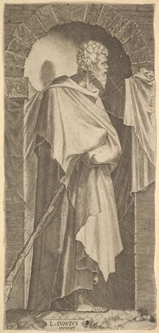 St. James Minor(?) in an arcuated niche, holding a walking stick in his hands, which are c..., 1545. Creator: Lambert Suavius