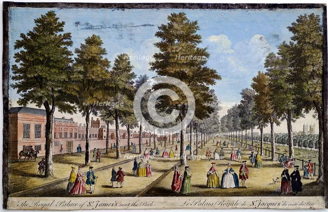 St James' Palace and Park, London, showing formal planting of trees in avenues, 1750. Artist: Unknown