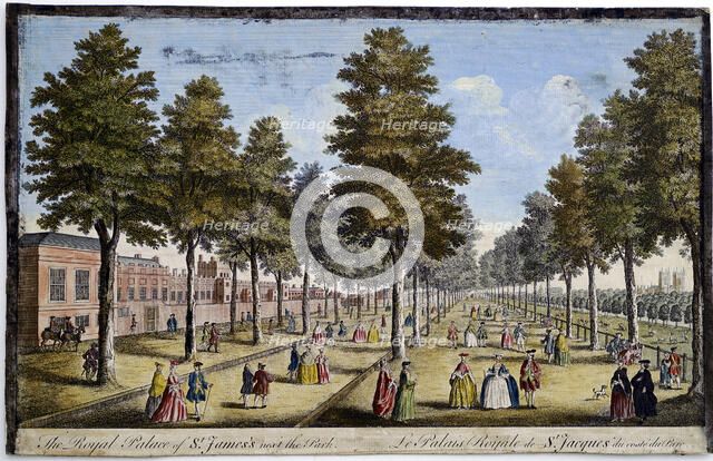 St James' Palace and Park, London, showing formal planting of trees in avenues, 1750. Artist: Unknown