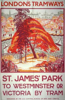 St James Park to Westminster or Victoria by Tram London County Council Tramways poster, 1925. Artist: Frederick Graham