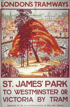 St James Park to Westminster or Victoria by Tram London County Council Tramways poster, 1925. Artist: Frederick Graham