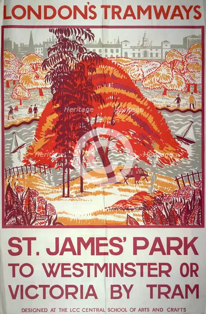 'St James' Park to Westminster or Victoria by Tram', London County Council Tramways poster, 1925. Artist: Frederick Graham