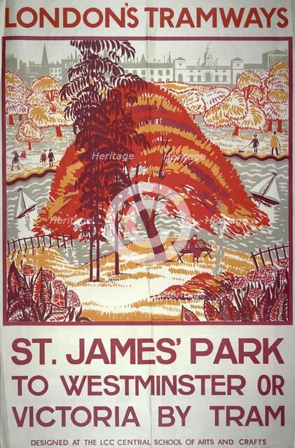 'St James' Park to Westminster or Victoria by Tram', London County Council Tramways poster, 1925. Artist: Frederick Graham