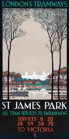 St James Park London County Council (LCC) Tramways poster, 1928. Artist: Ralph & Brown Studios