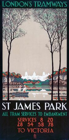 St James Park London County Council (LCC) Tramways poster, 1928. Artist: Ralph & Brown Studios
