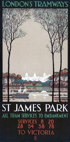 St James Park London County Council (LCC) Tramways poster, 1928. Artist: Ralph & Brown Studios