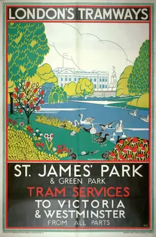 St James Park London County Council (LCC) Tramways poster, 1933. Artist: W Langlands