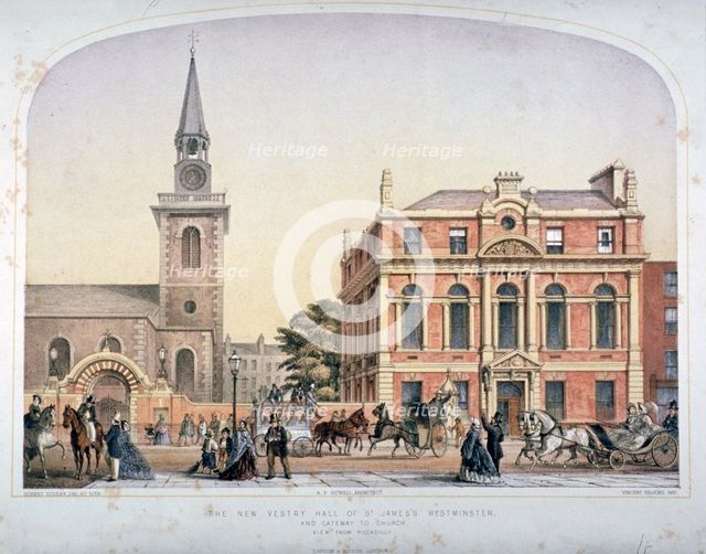 St James's Church, Piccadilly and the new vestry hall, London, c1856.                                Artist: Robert Dudley