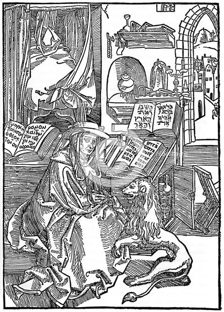 'St Jerome in his study pulling a thorn from a lion's paw', 1492, (1936). Artist: Albrecht Dürer