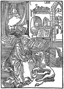 St Jerome in his study pulling a thorn from a lion's paw 1492, (1936). Artist: Albrecht Dürer