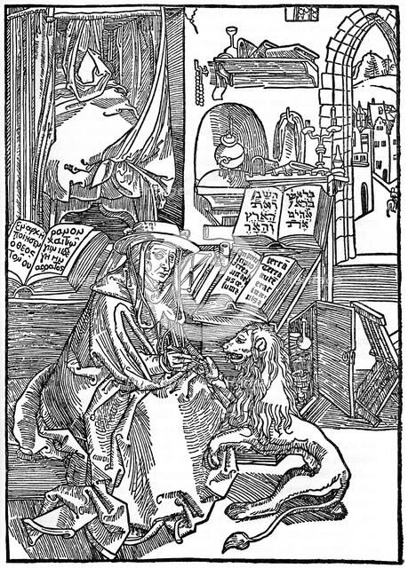 'St Jerome in his study pulling a thorn from a lion's paw', 1492, (1936). Artist: Albrecht Dürer