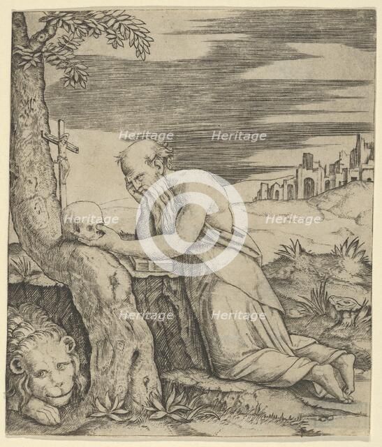 St Jerome kneeling before a crucifix, a skull in his left hand, a lion laying at ..., ca. 1500-1527. Creator: Marcantonio Raimondi.