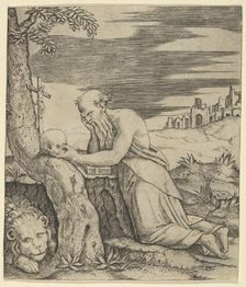 St Jerome kneeling before a crucifix, a skull in his left hand, a lion laying at ..., ca. 1500-1527. Creator: Marcantonio Raimondi