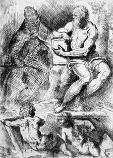 St. Jerome, Pope Damasus, and Two Putti, 16th century. Creator: Jacopo Palma