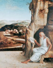 St Jerome Reading in a Landscape c1450-1516. Artist: Giovanni Bellini