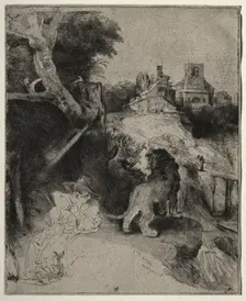 St. Jerome Reading in an Italian Landscape, c. 1653. Creator: Rembrandt van Rijn (Dutch, 1606-1669)