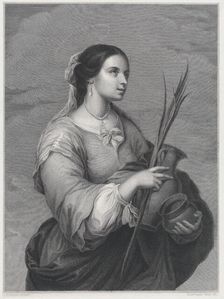 St Justa, three-quarter length, turned to right, holding two pots and a palm, 1840-1860. Creator: Auguste Blanchard I