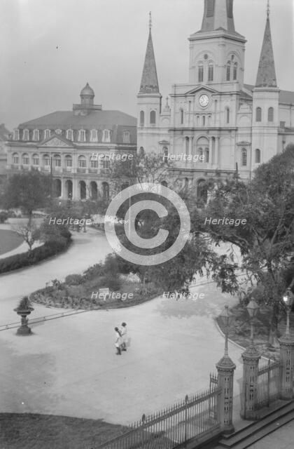 St. Louis Cathedral and the Cabildo, New Orleans, between 1920 and 1926. Creator: Arnold Genthe.