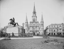 St. Louis Cathedral and Jackson Monument, New Orleans, Louisiana, between 1900 and 1910. Creator: Unknown