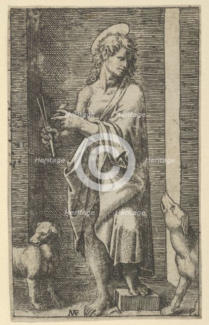 St Lazarus flanked by two dogs, from the series 'Piccoli Santi' (Small Saints), c..., ca. 1500-1527. Creator: Marcantonio Raimondi.