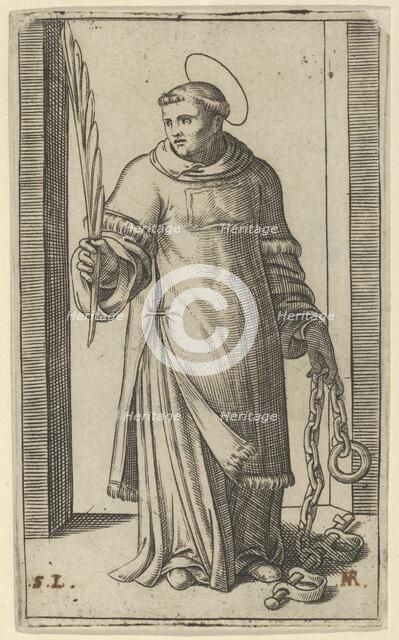 St Leonard standing holding a palm in his right hand and chains in his left, from..., ca. 1500-1527. Creator: Marcantonio Raimondi.