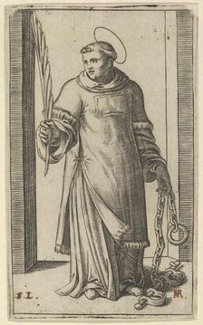 St Leonard standing holding a palm in his right hand and chains in his left, from..., ca. 1500-1527. Creator: Marcantonio Raimondi
