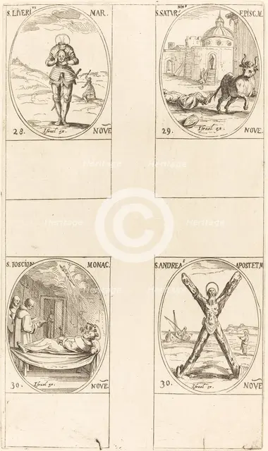 St. Liverius; St. Saturninus; St. T(I?)oscion; St. Andrew. Creator: Jacques Callot.