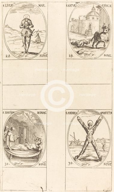 St. Liverius; St. Saturninus; St. T(I?)oscion; St. Andrew. Creator: Jacques Callot.
