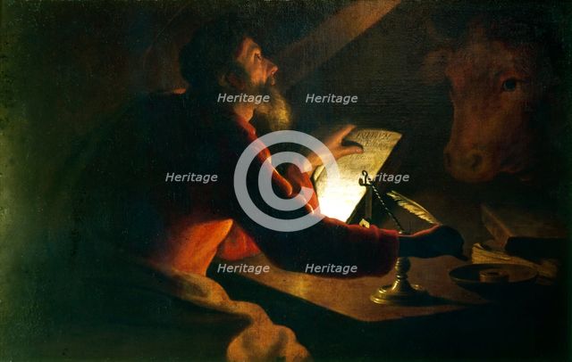 St Luke the Evangelist writing his Gospel watched by his symbol, an ox, 17th century. Artist: Unknown