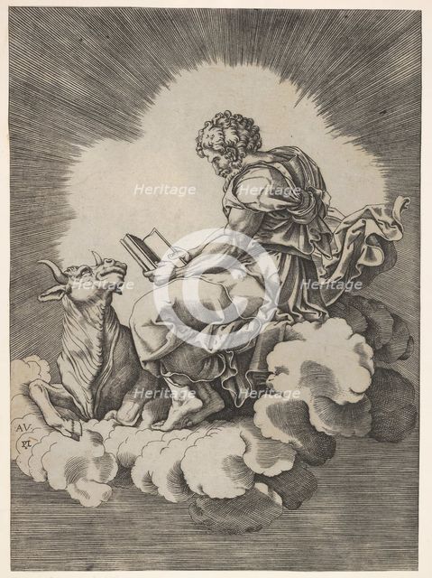 St. Luke, seated on a cloud with an open book in both hands, a bull lying at his fee..., after 1518. Creator: Unknown.