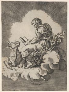 St. Luke, seated on a cloud with an open book in both hands, a bull lying at his fee..., after 1518. Creator: Unknown