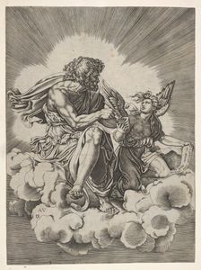 St. Matthew, seated on a cloud with legs crossed and dipping a quill into an inkwell..., after 1518. Creator: Unknown