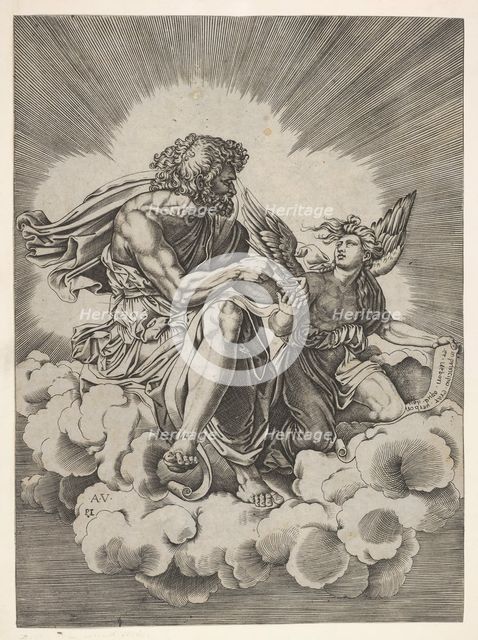 St. Matthew, seated on a cloud with legs crossed and dipping a quill into an inkwell..., after 1518. Creator: Unknown.