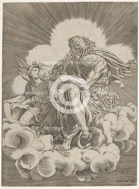 St. Matthew, seated on a cloud and dipping a quill into an inkwell held by an angel..., ca. 1518-20. Creator: Agostino Veneziano.