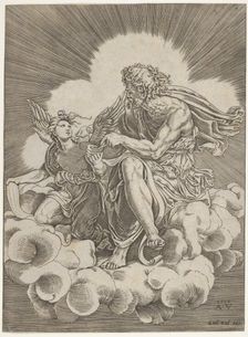 St. Matthew, seated on a cloud and dipping a quill into an inkwell held by an angel..., ca. 1518-20. Creator: Agostino Veneziano