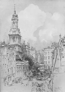 St Magnus the Martyr showing the dry arch of London Bridge and the remains of the Mermaid Tavern Artist: Hedley Fitton