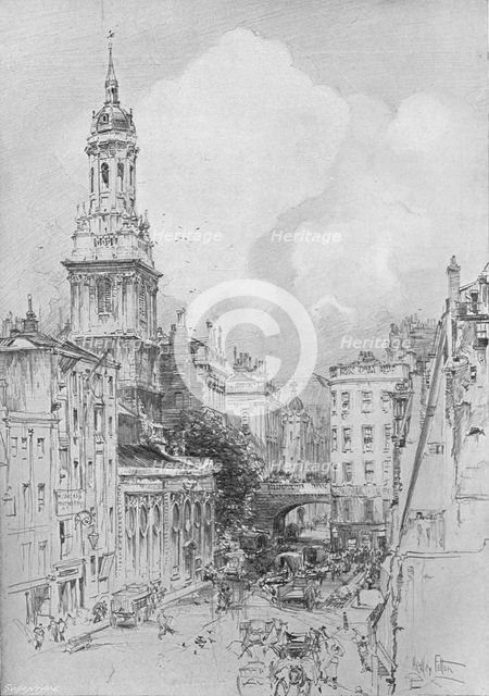 'St Magnus the Martyr showing the dry arch of London Bridge and the remains of the Mermaid Tavern',  Artist: Hedley Fitton.