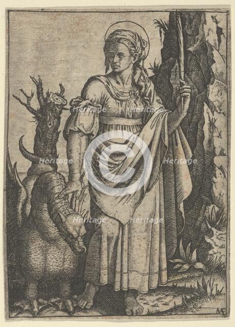 St Margaret holding a palm in her raised left hand, a dragon at her right, ca. 15..., Creator: Marcantonio Raimondi.