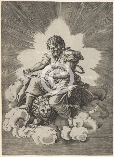 St. Mark, seated with an unfurled scroll in his hands, a winged lion's head and fore..., after 1518. Creator: Unknown.