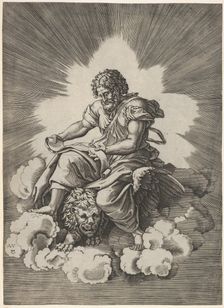 St. Mark, seated with an unfurled scroll in his hands, a winged lion's head and fore..., after 1518. Creator: Unknown