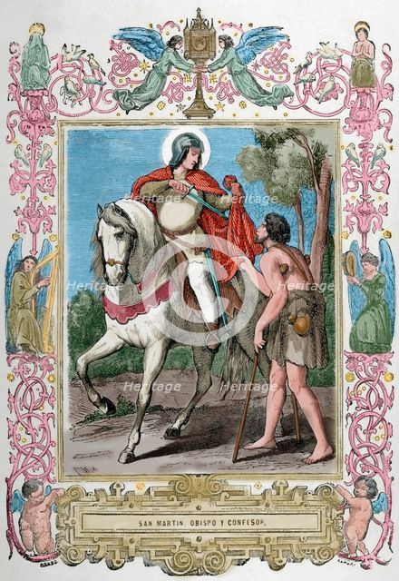 St Martin of Braga (520-589) sharing his cloak with a beggar, 1853. Creator: Cibera.