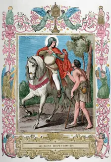 St Martin of Braga (520-589) sharing his cloak with a beggar, 1853. Creator: Cibera