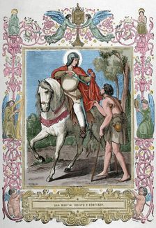 St Martin of Braga (520-589) sharing his cloak with a beggar, 1853. Creator: Cibera