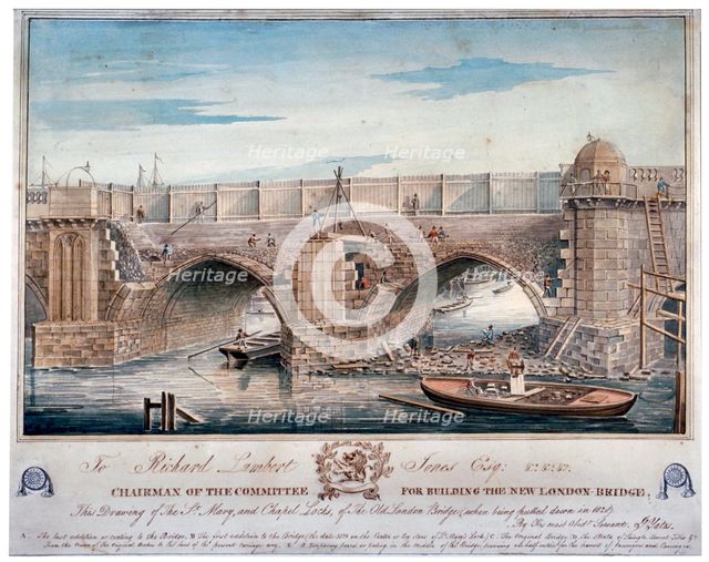 St Mary and Chapel Locks being pulled down, London Bridge, 1829.                                     Artist: G Yates